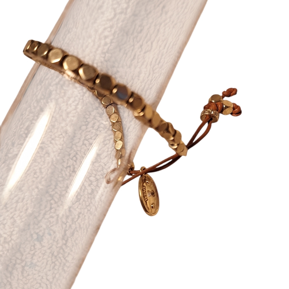 Fossil Gold Toned Beaded Adjustable Tie Bracelet Stretchy Preppy Keyhole Accents